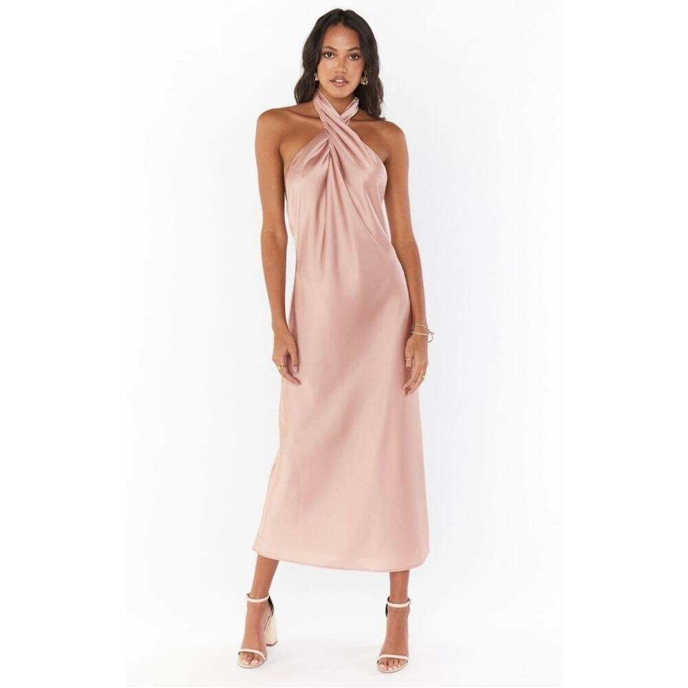 show me your mumu women jasmine halter midi dress rose gold luxe satin xx-small